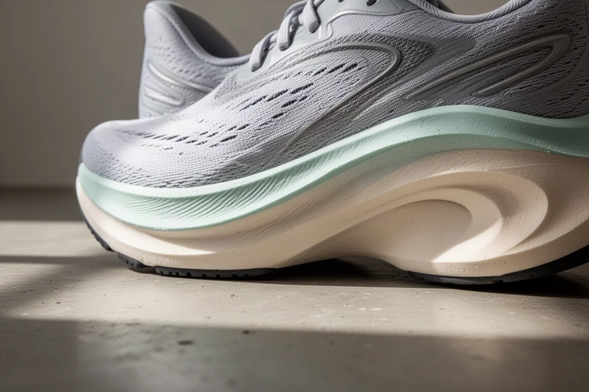 Gros plan sur la mousse épaisse et sculptée d'une semelle intermédiaire de chaussure de running moderne