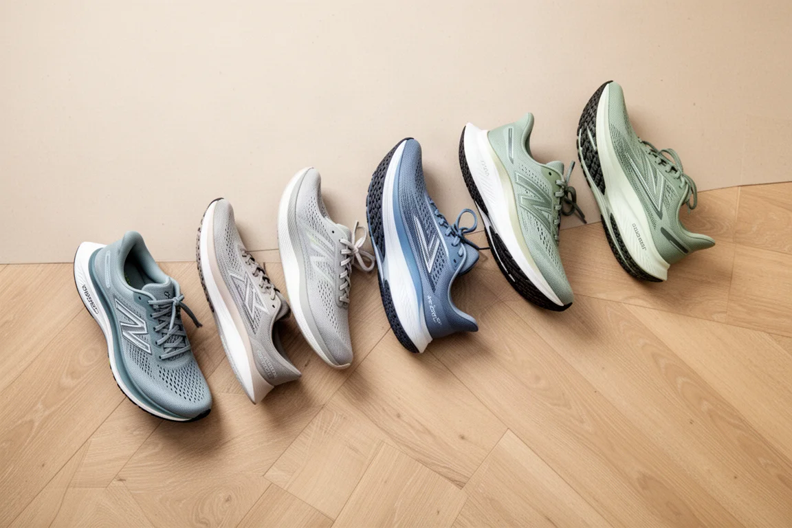 Plusieurs chaussures de running disposées en ligne sur un plancher en bois