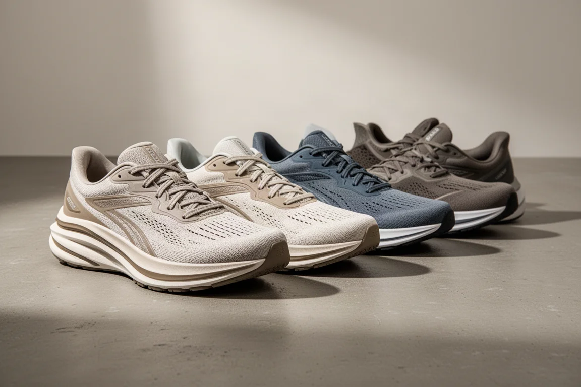 Aufreihung moderner Super-Trainer-Laufschuhe mit dicken Zwischensohlen auf Beton