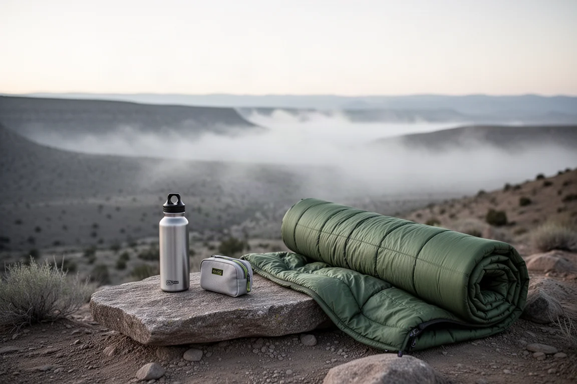 Trinkflasche und kleine Bidet-Düse auf einem Felsen an einem Lagerplatz bei Sonnenaufgang