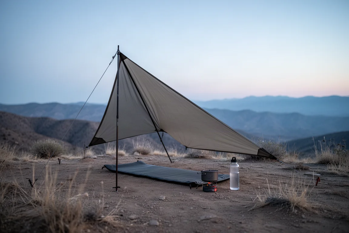 Minimalistisch ultralicht tarpshelter opgezet met trekkingstokken in de schemering op een woestijnrug