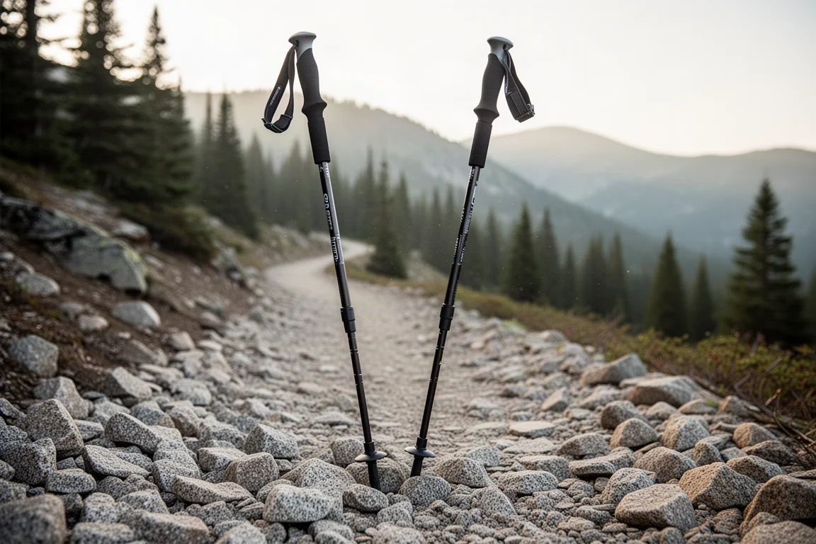 Twee dunne trekkingstokschachten in granietgrind op een bergachtige haarspeldbocht