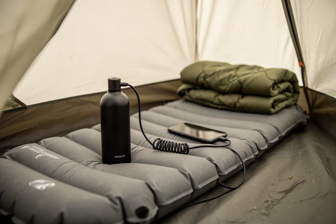 Luchtpompje ter grootte van een handpalm en opgerold kabeltje in een kleine tent op een slaapmat