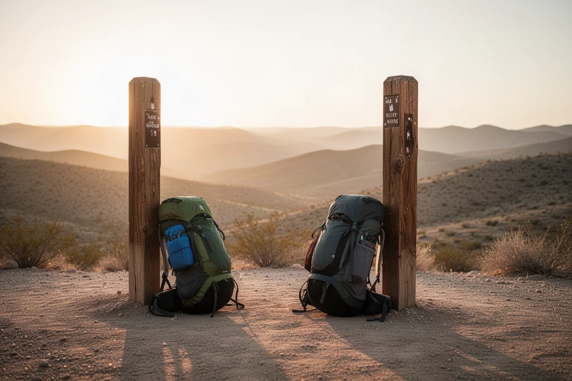 Gevulde ultralichte backpack leunend tegen een houten routemarkering bij zonsopgang
