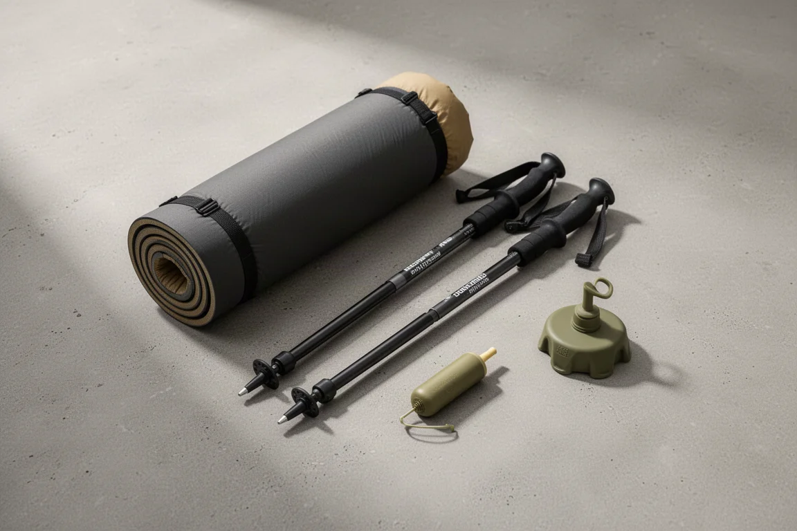 Ultralight backpacking gear arranged on a concrete surface in a flat lay
