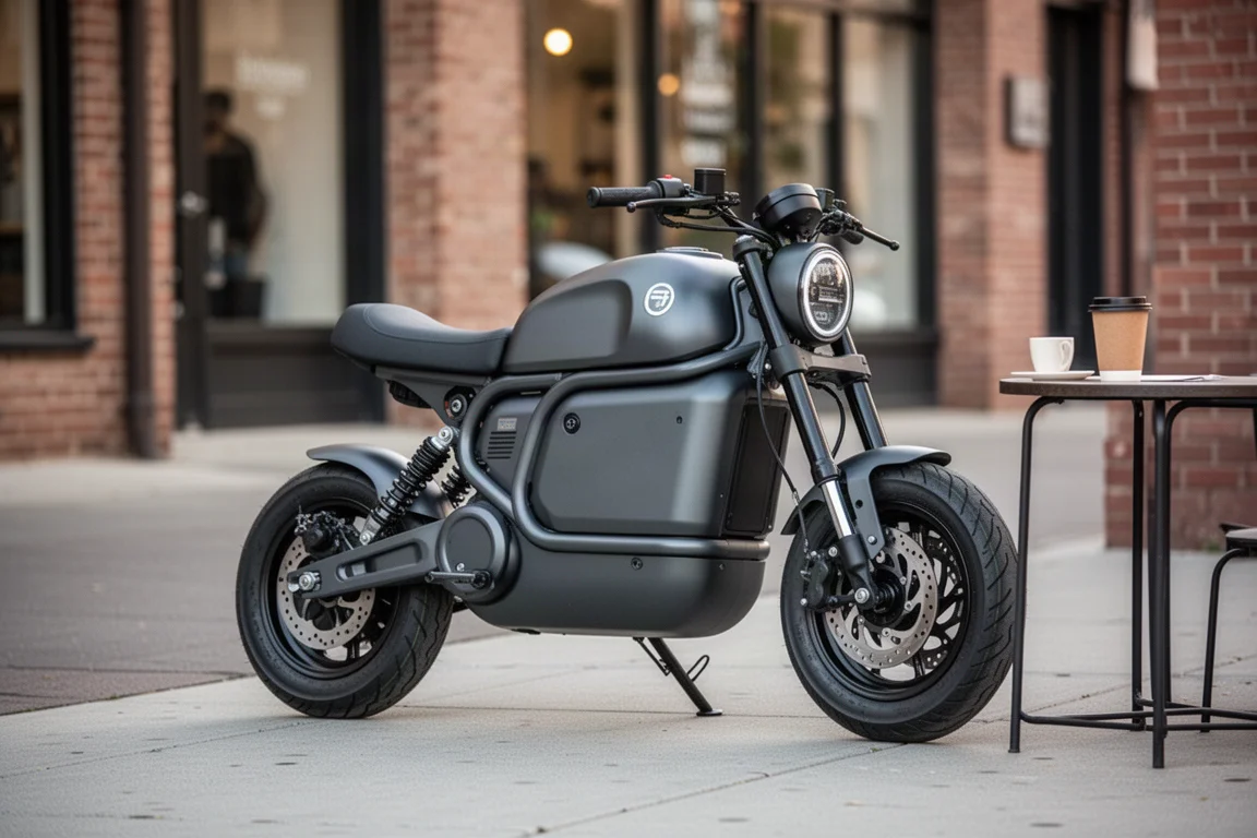 Elektrisches Minibike auf einer Stadtstraße vor einem Café geparkt, im weichen Morgenlicht