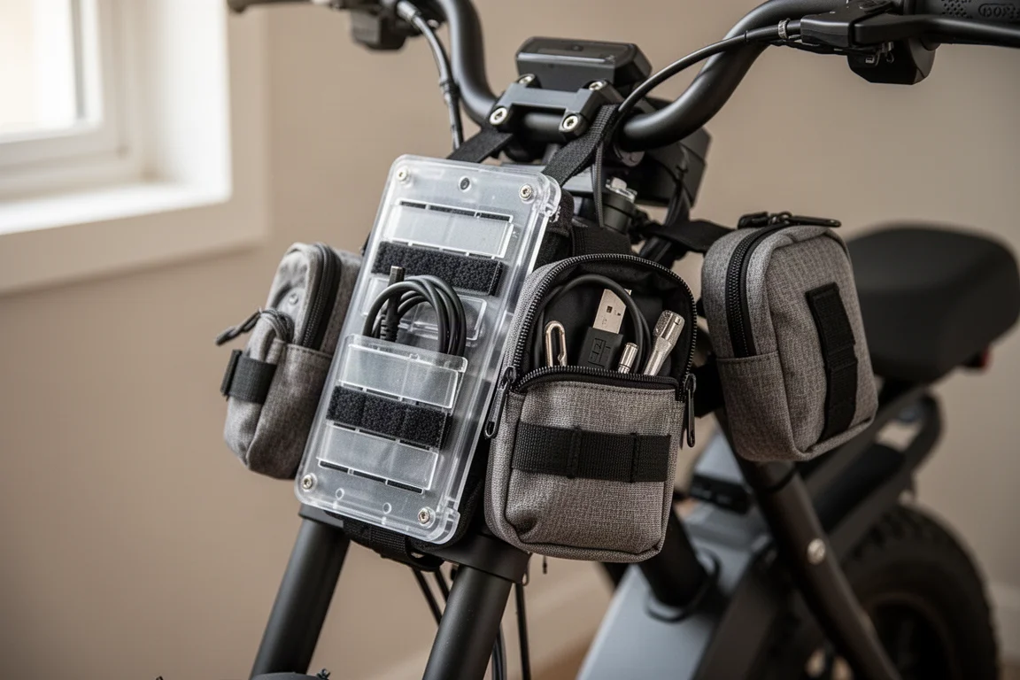 Nahaufnahme einer MOLLE-Platte am E-Bike-Rahmen mit kleinen Utility-Taschen