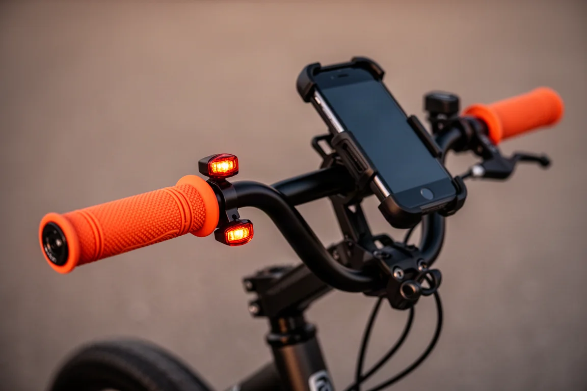 Lenker eines E-Bikes mit Griffs, Blinkern und Smartphone-Halterung im Abendlicht