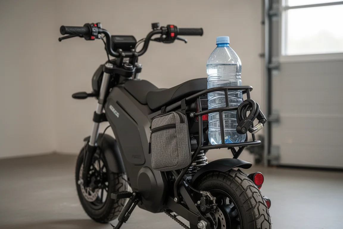 Heck eines E-Bikes mit Flaschenhalter, Hecktasche und Schloss in einer Garage
