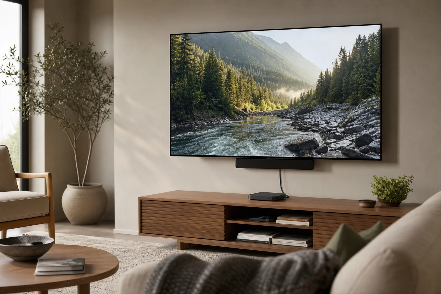 Heimkino-Setup mit Fernseher und angeschlossenem Streaming-Gerät