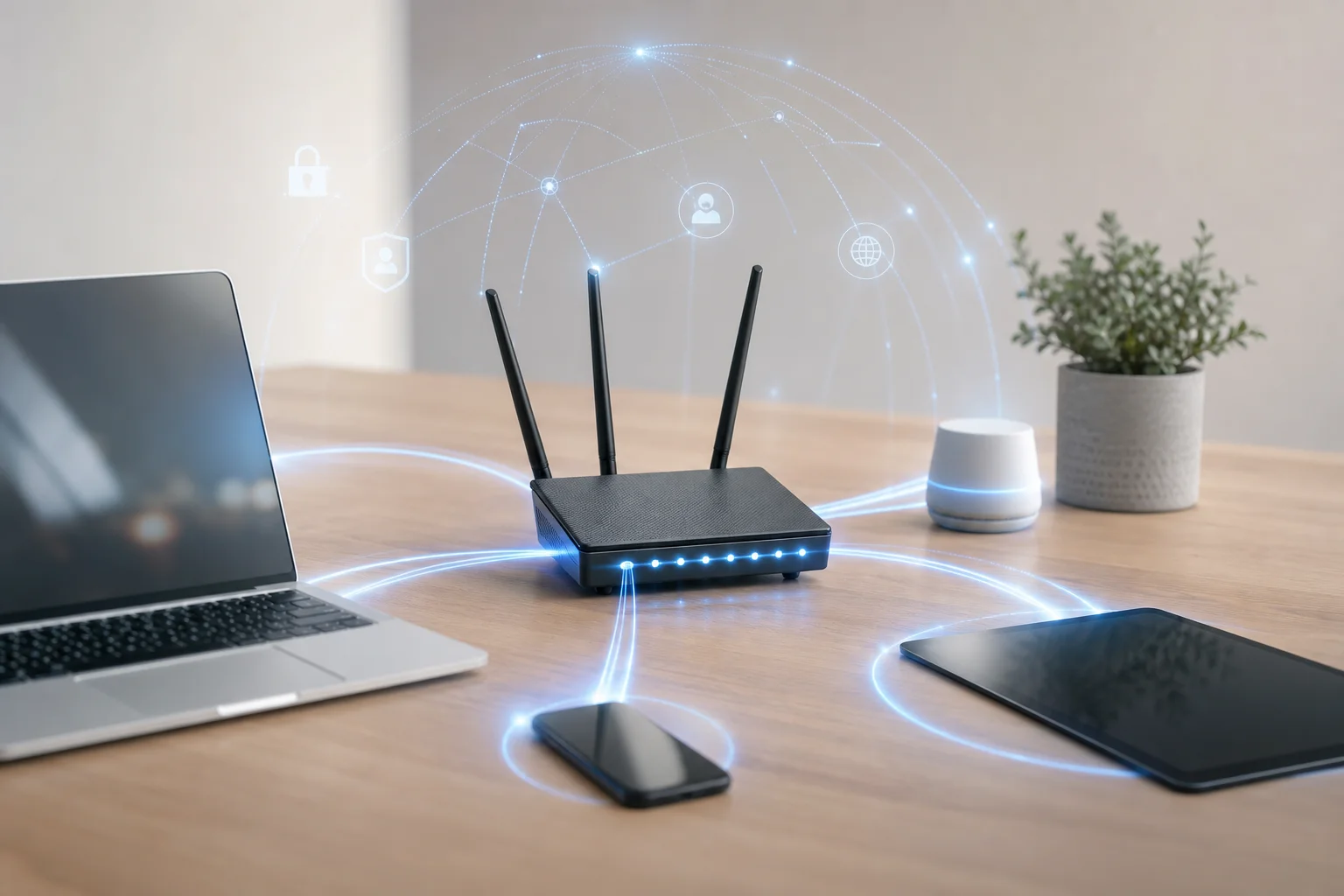 Visualisierung der Netzwerksicherheit mit WLAN-Router und verbundenen Geräten