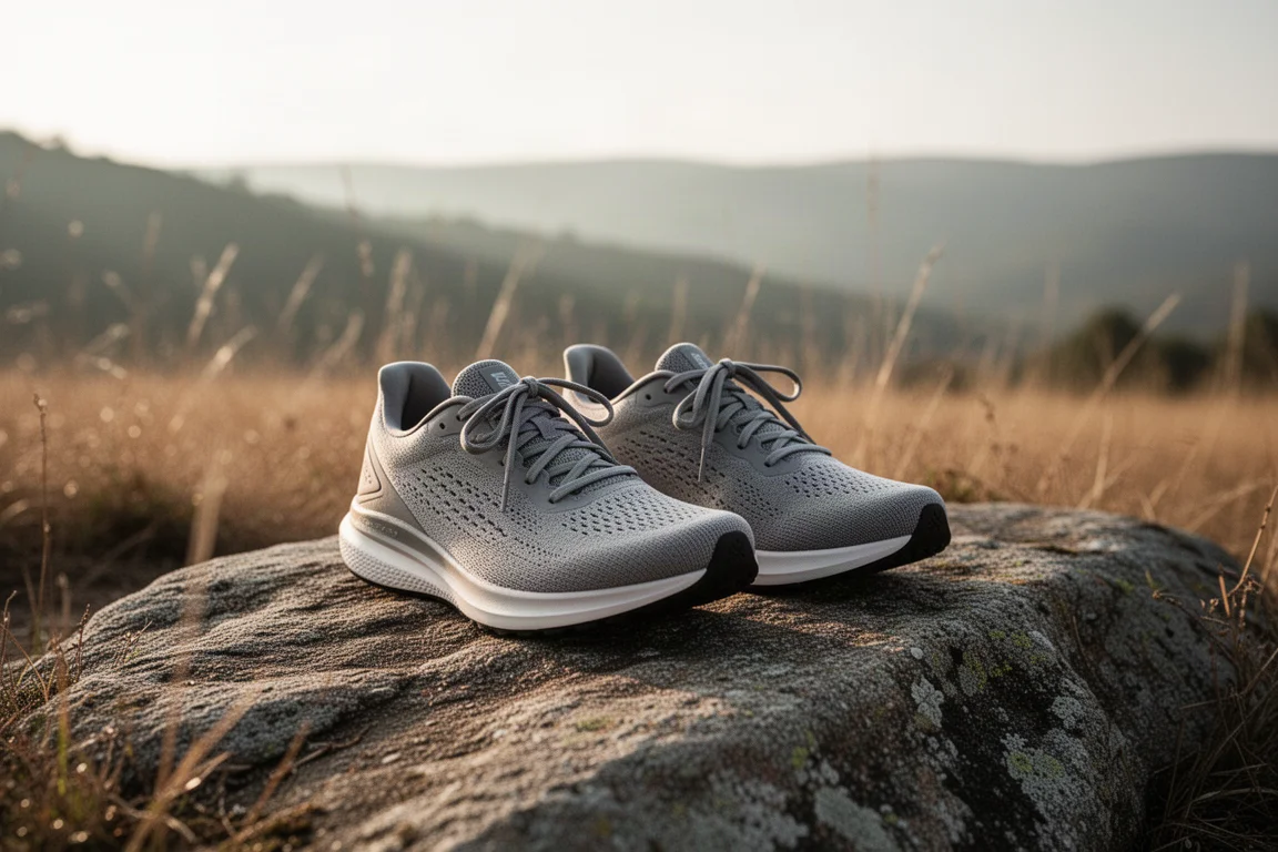 Paar Sportschuhe auf einem Felsen am Wegesrand im weichen Morgenlicht