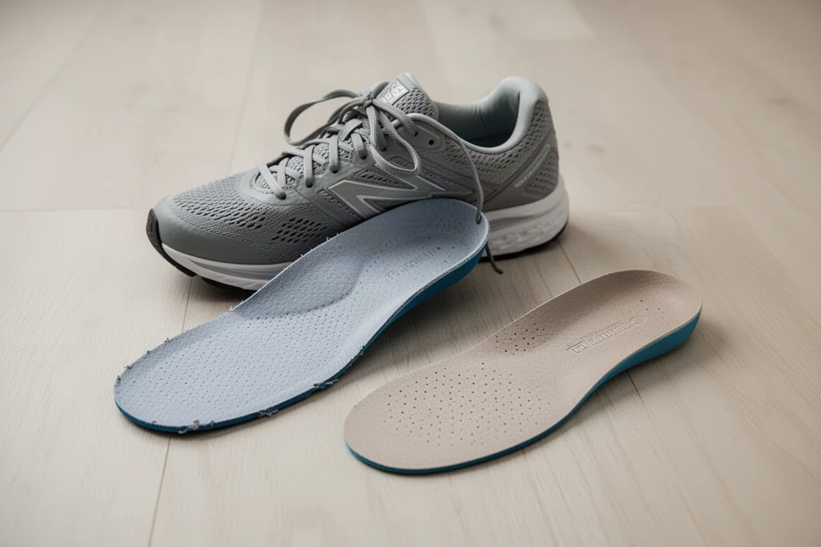Sportschuh mit herausgenommener Einlegesohle, die daneben auf dem Boden liegt