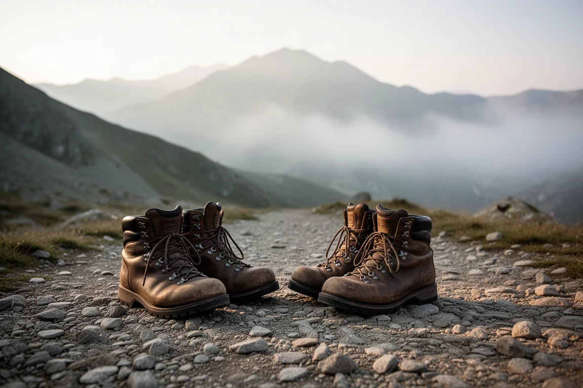 Wanderstiefel auf einem Schotterweg in den Bergen mit nebligen Gipfeln in der Ferne
