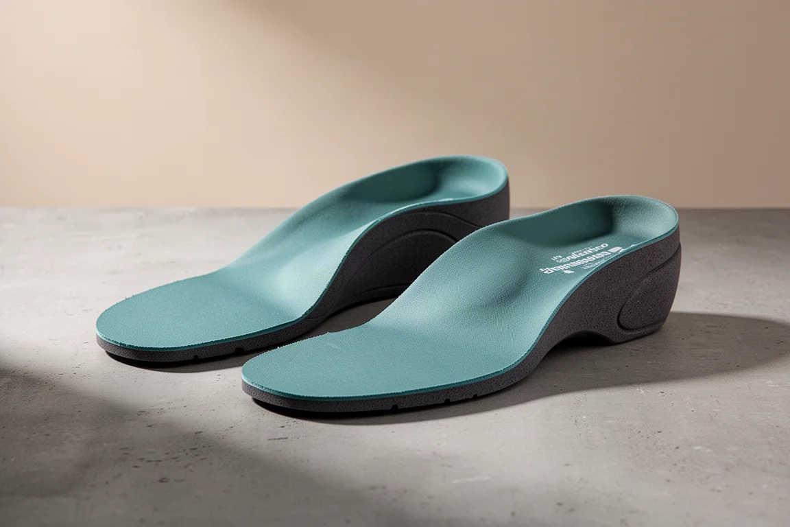 Pair of high arch athletic insoles with teal top cover on a concrete surface