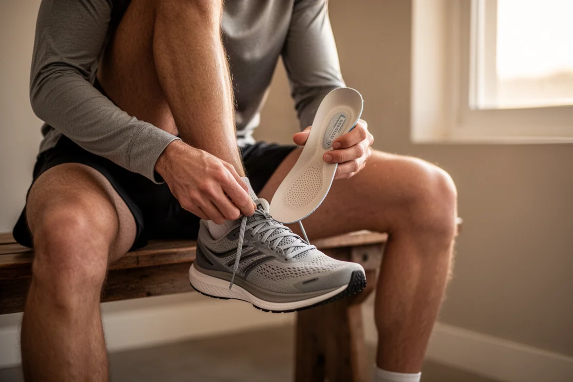 Läufer schnürt einen Laufschuh mit herausgenommener Einlegesohle, Morgenlicht