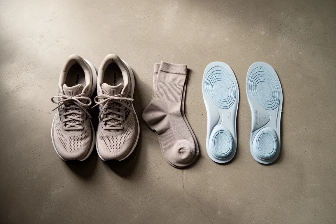 Flach aus der Vogelperspektive fotografierte Laufschuhe, Socken und Einlegesohlen auf Betonboden