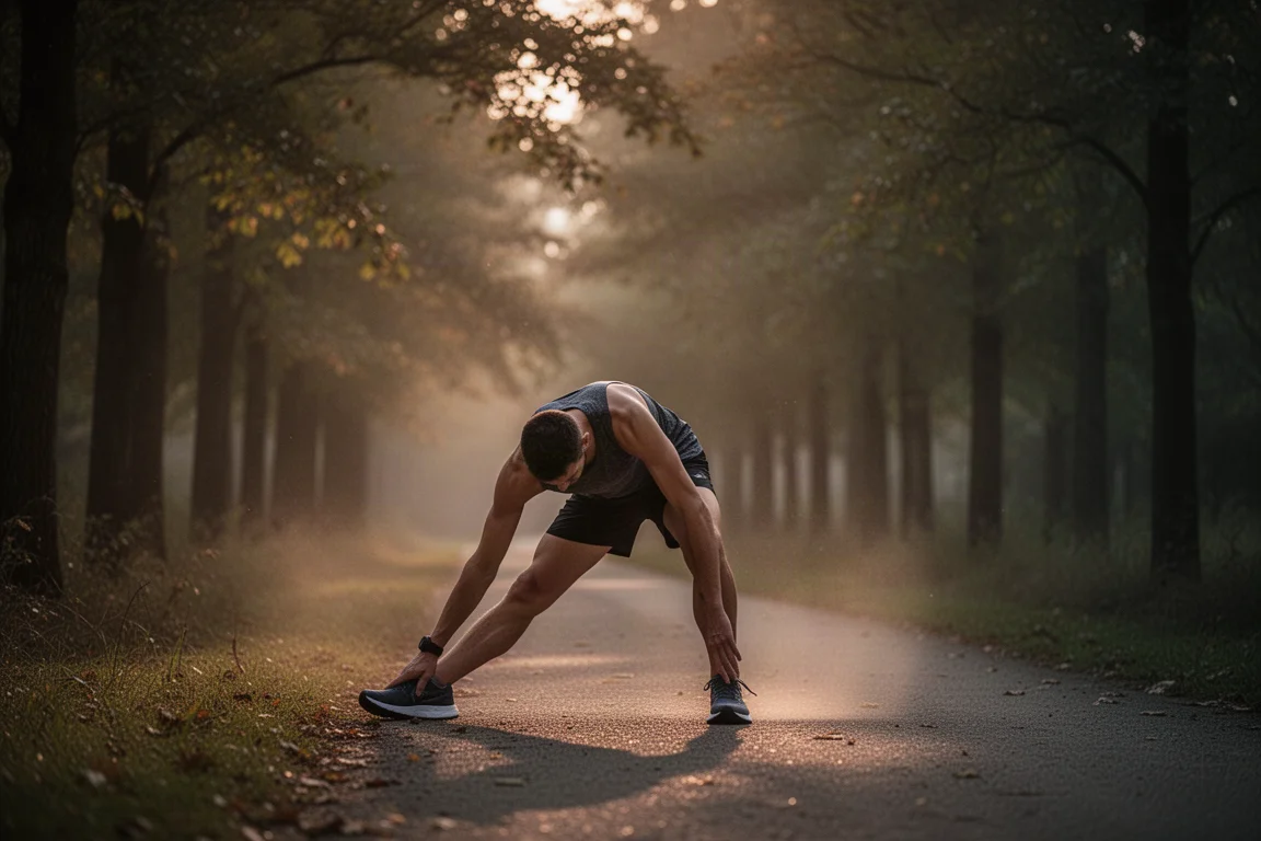 Läufer dehnt sich in der Dämmerung auf einem stillen Pfad nach einem langen Lauf