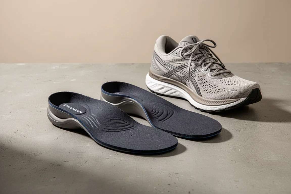 Solette running strutturate con tallone profondo accanto a una scarpa da running