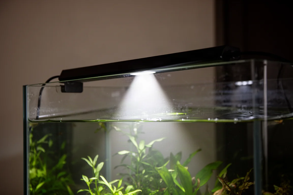 Rampe LED d'aquarium noire et fine posée sur le rebord du bac, projetant sa lumière dans l'eau