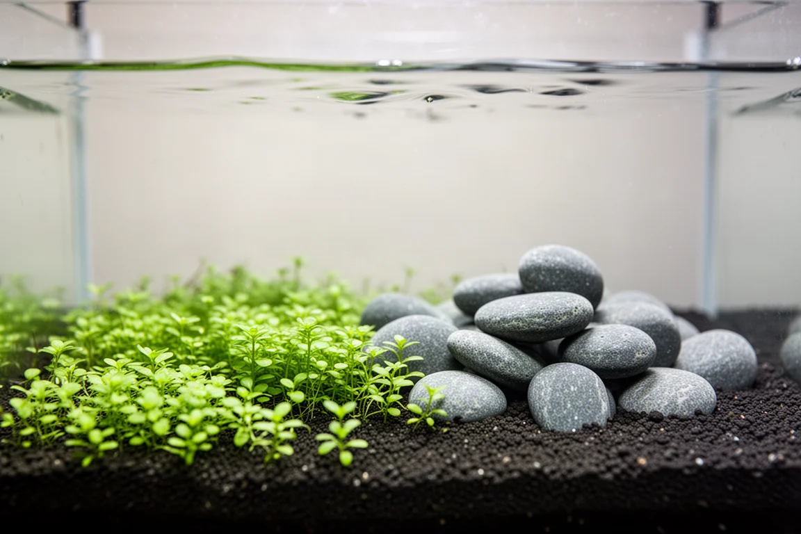 Plantes gazonnantes s'étendant sur un substrat sombre vers des galets gris