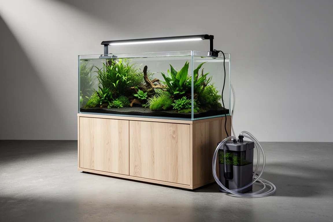キャビネット、LEDライトバー、キャニスター式フィルターを備えた、水草レイアウト済み淡水水槽の完成セットアップ