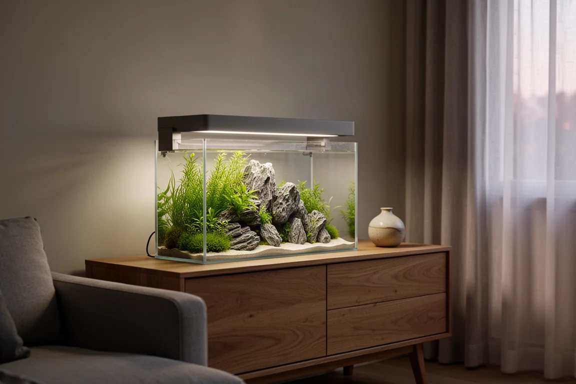 Small illuminated covered aquarium glowing on a sideboard in a living room at dusk
