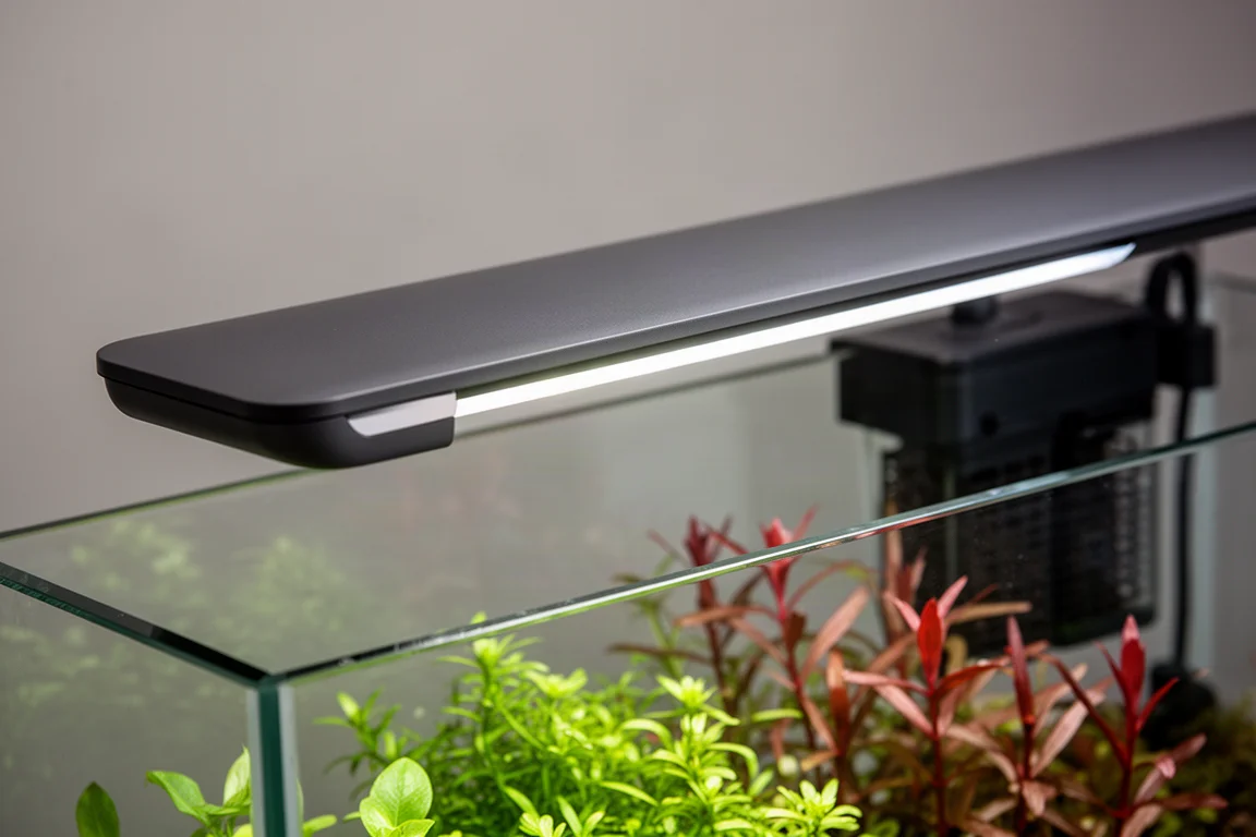 Close-up of an aquarium lid LED strip brightening above a rippling water surface