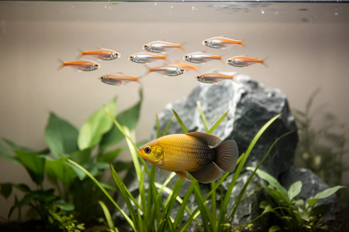 Planted nano aquarium with carpeting plants, stem plants and small schooling fish