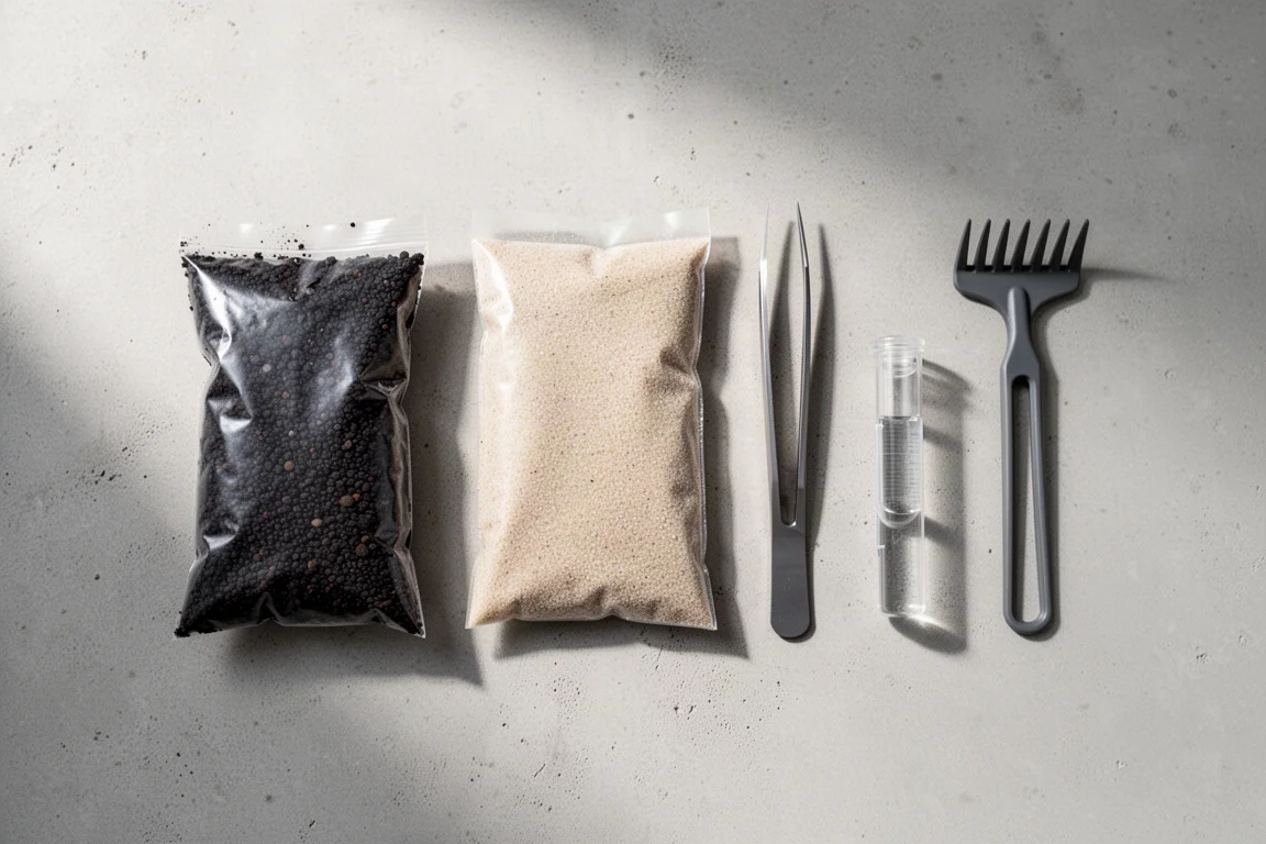 Overhead flat-lay of aquarium starter items including pale sand, tweezers and thermometer