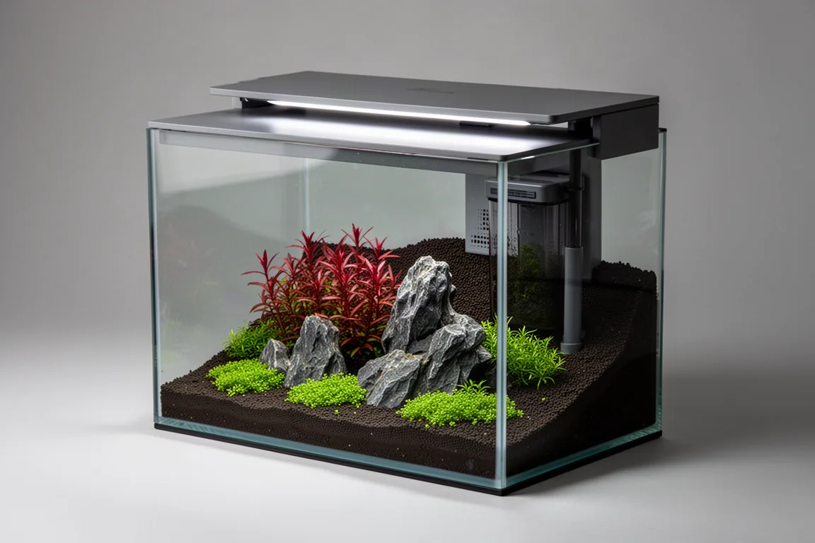 Compact helder glazen kubusvormig aquarium met een vlaksluitend deksel en geïntegreerde LED-verlichting op een licht houten kast