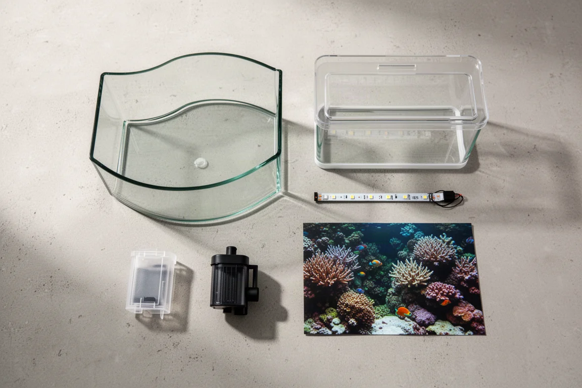 Unmontierte Komponenten des kompakten Aquarium-Kits auf einer hellen Oberfläche