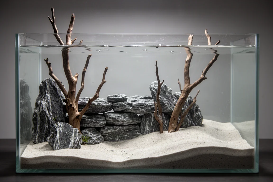 Grauer Stein und Wurzel-Hardscape in einem kleinen bepflanzten Aquarium