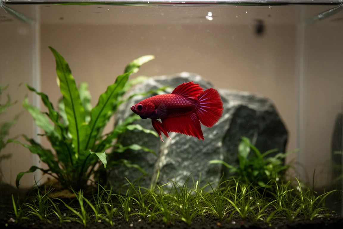 Roter Betta-Fisch zwischen grünen Pflanzen in einem bepflanzten Nano-Aquarium