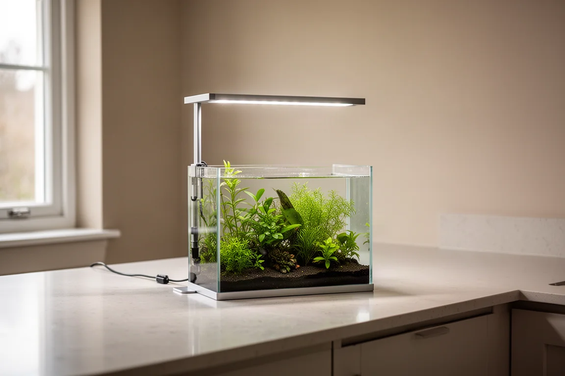 Bepflanztes Nano-Aquarium mit schlanker LED-Leuchte auf einer hellen Küchenarbeitsplatte
