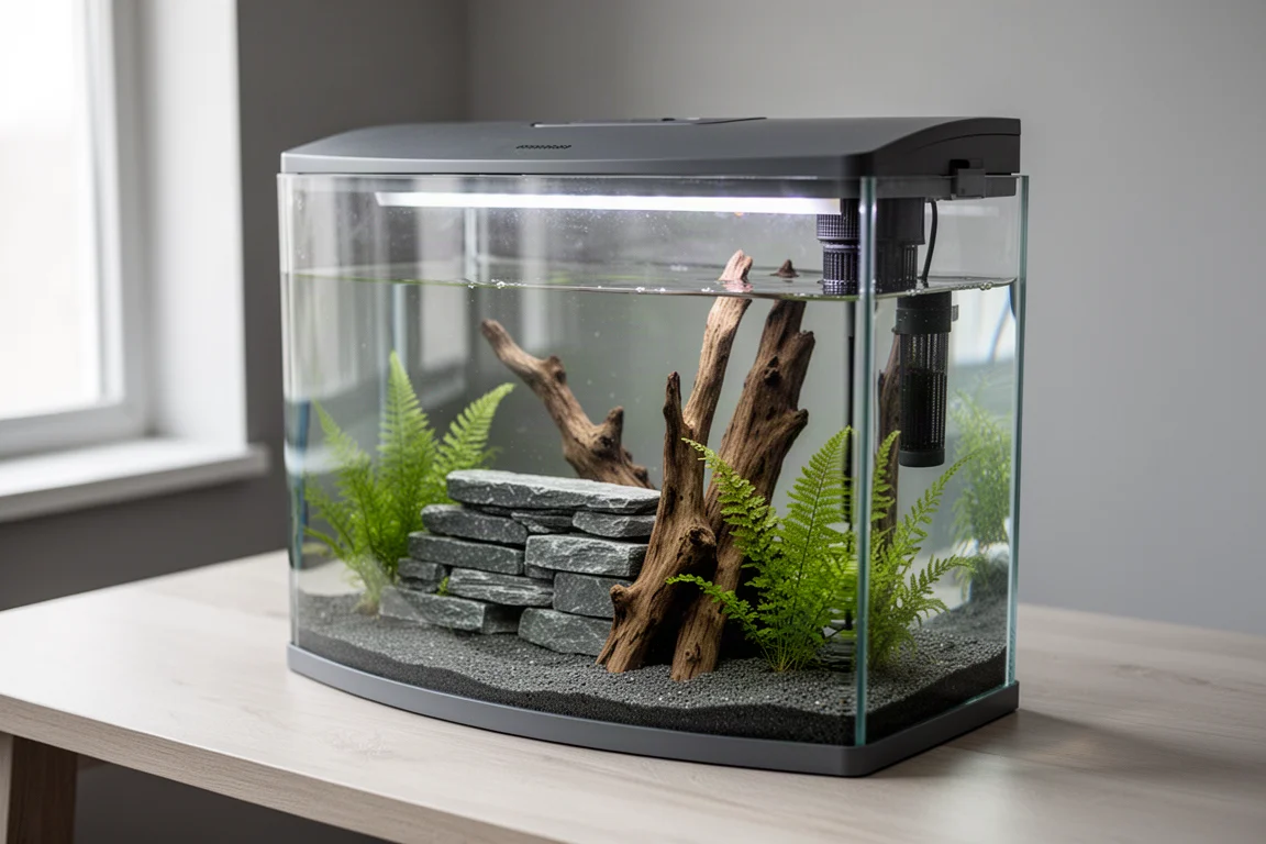 Acquario piantumato compatto con fronte curvo, pietre, legno e piante verdi