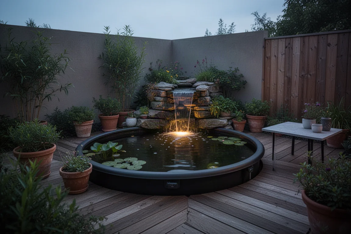 Laghetto fuori terra compatto su un deck in legno in un piccolo giardino recintato al crepuscolo