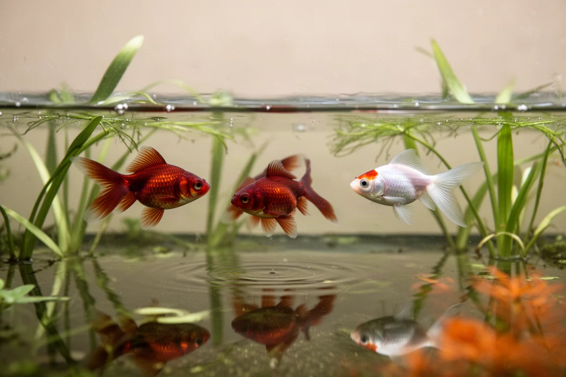 Piccoli pesci rossi che nuotano tra piante verdi in acqua limpida