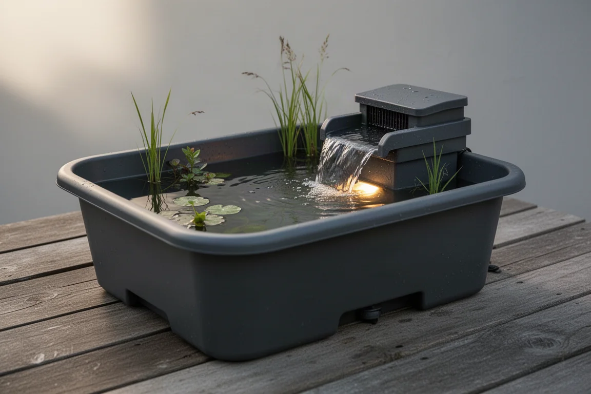 Laghetto da patio in plastica compatto con filtro a cascata, luce LED e piante su un deck in legno