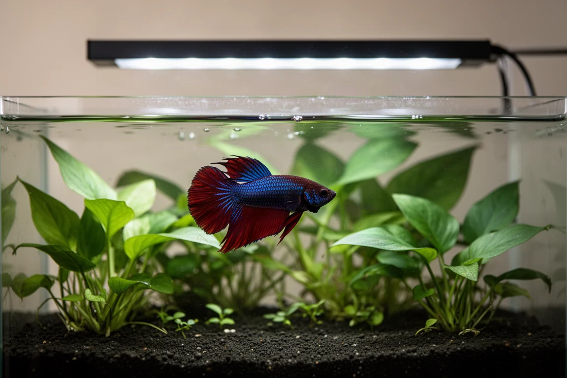 短鰭鬥魚游過水草茂密的奈米缸