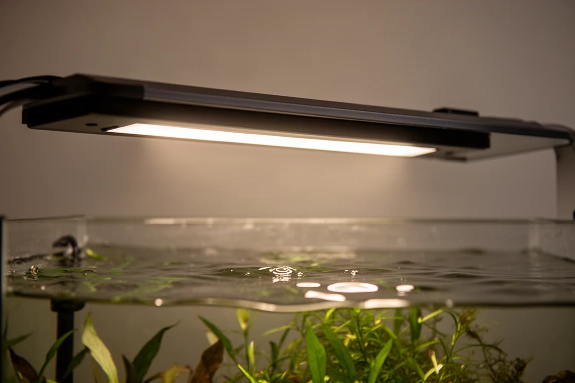 纖薄 LED 燈條在水草缸水面上投下柔和光線