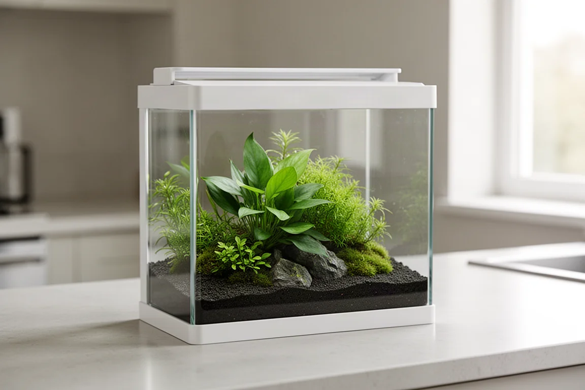 Acquario nano compatto in vetro piantumato con barra LED montata su una superficie in cemento