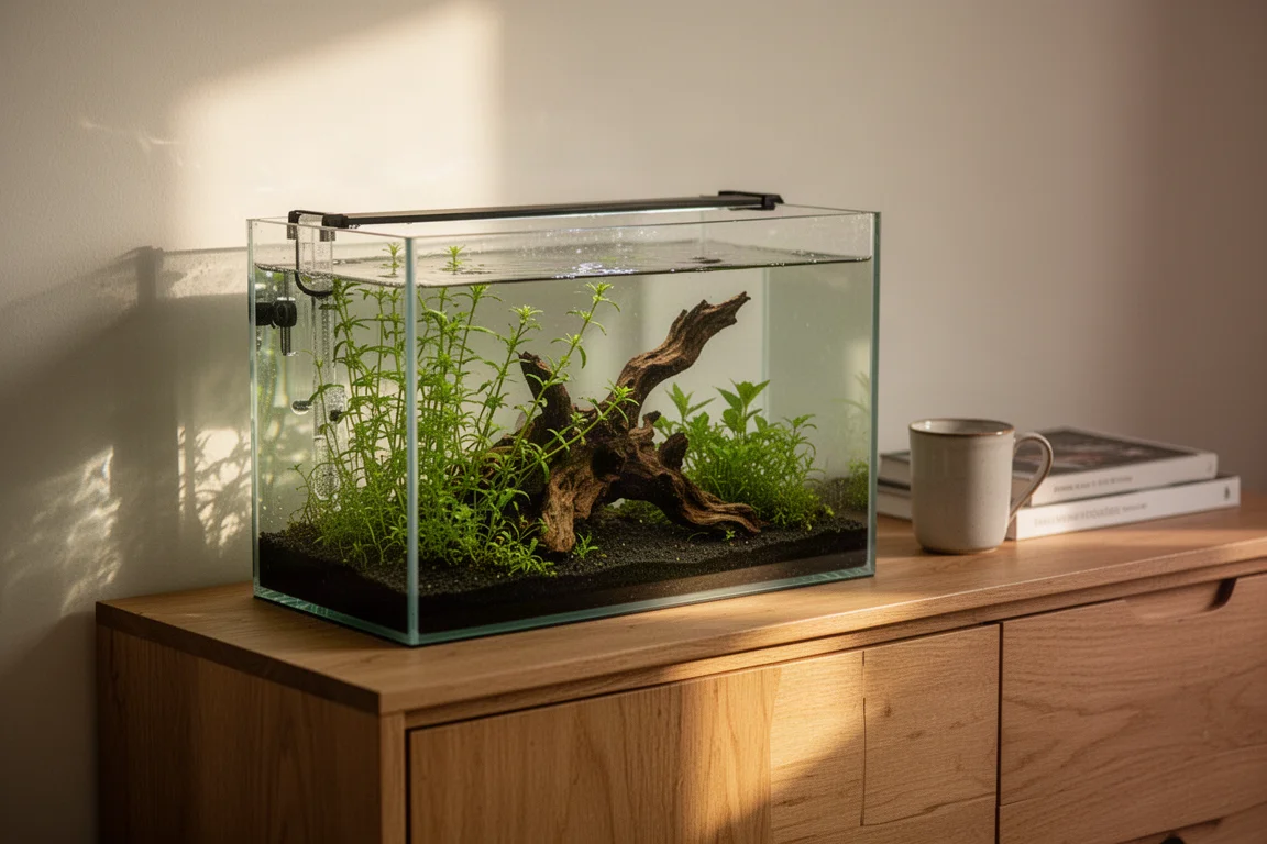 Litet växtakvarium på en träbyrå i ett lugnt vardagsrum