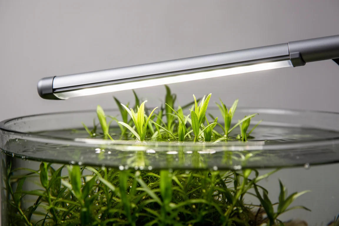Smal LED-ramp vilande på kanten av ett planterat glasakvarium