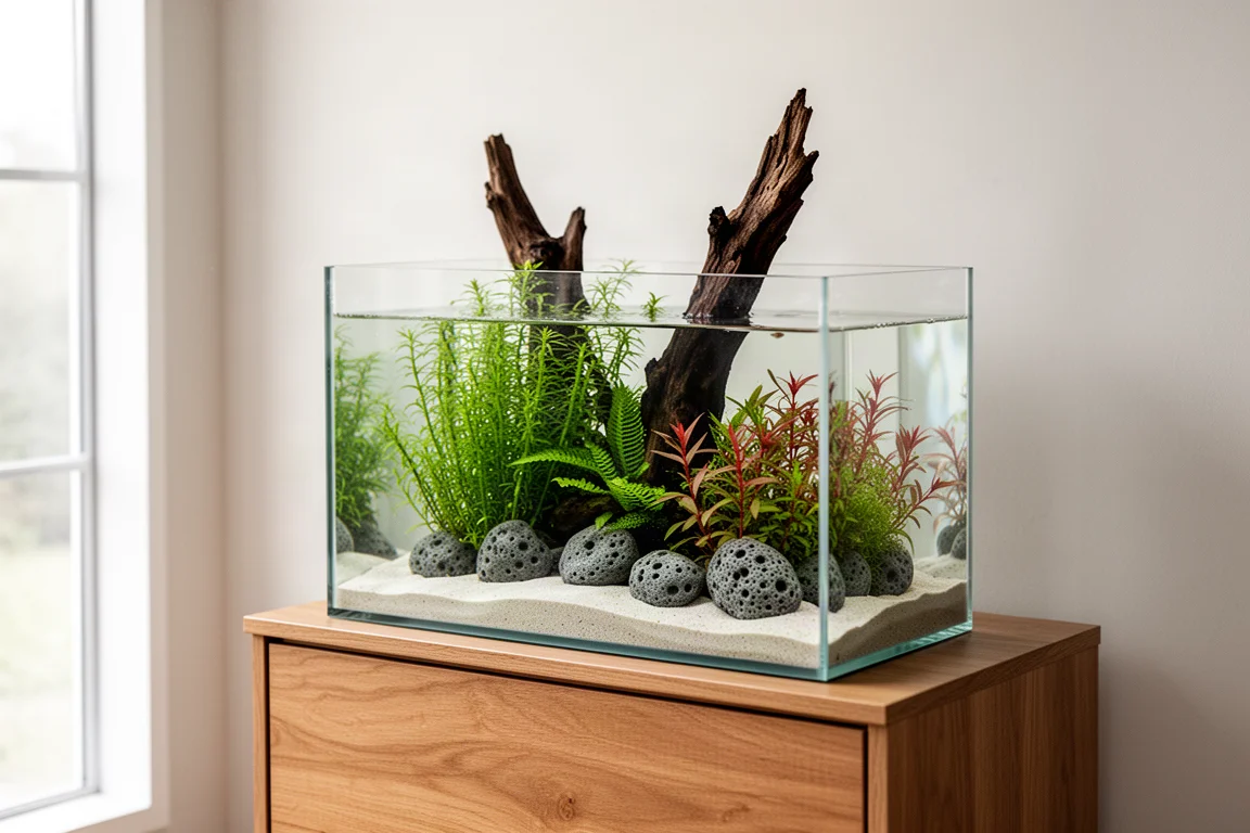 Compatto acquario piantumato da 50 cm su un mobile in legno in una stanza luminosa e minimale