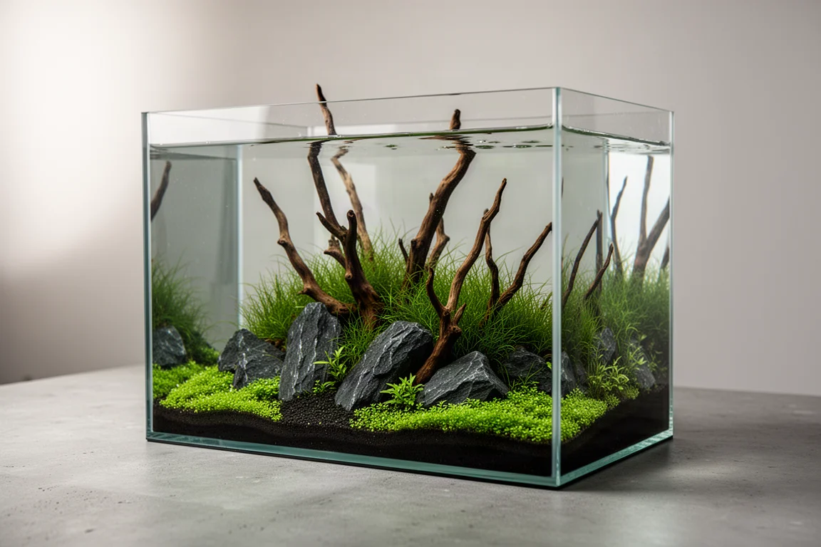 Acquario d'acqua dolce piantumato da 60 cm con pietre, legni e piante da prato verde