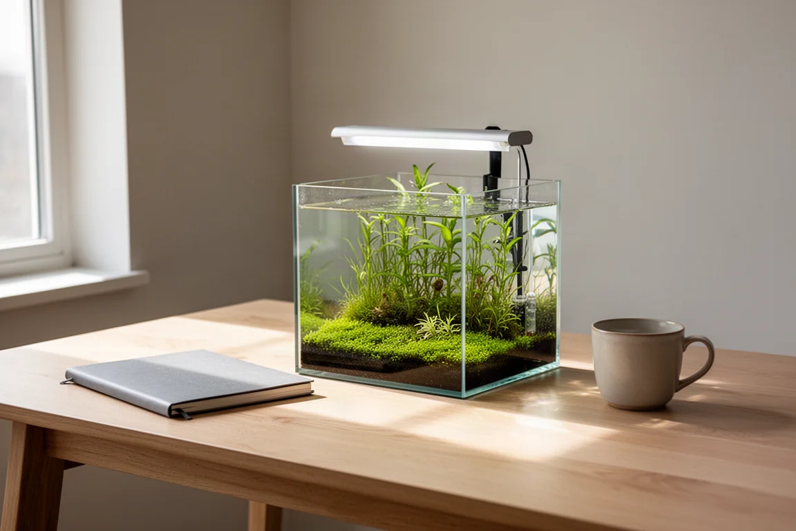 Small planted cube aquarium on a wooden desk beside a notebook and a cup