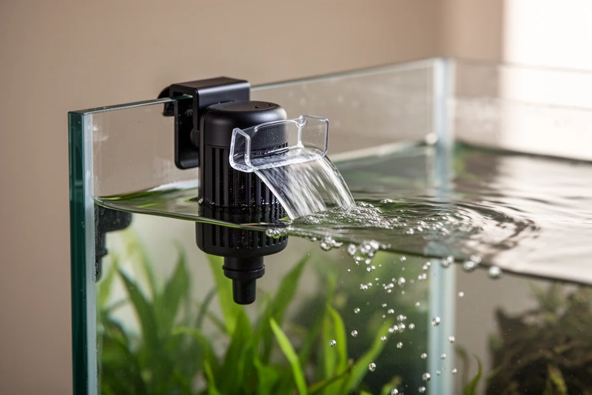 Close-up of a hang-on-back filter outlet directing flow across the water surface