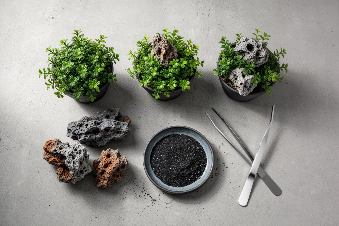 Overhead flat-lay of aquarium planting tools, plant pots and dragon stone on concrete