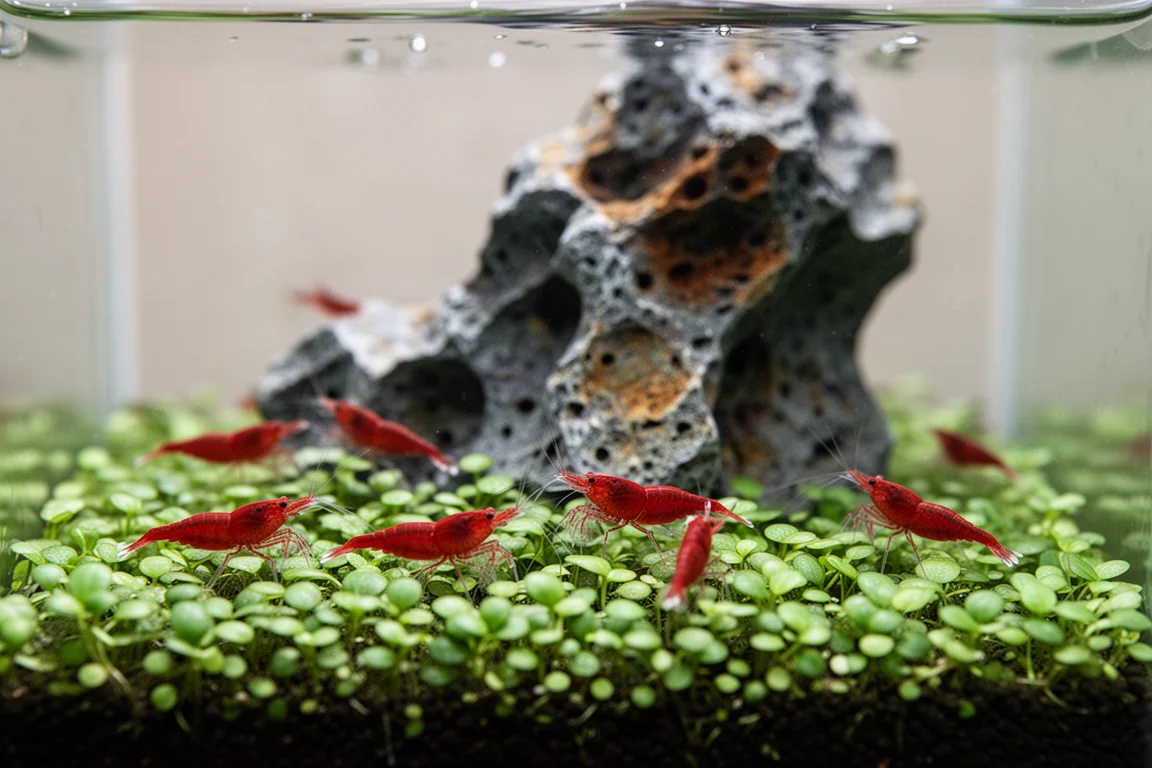 Red cherry shrimp grazing on a green plant carpet beside grey dragon stone